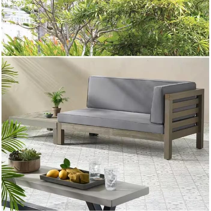 Roomfitters Right Corner Bench with Coffee Table, Outdoor Wooden Patio Sofa with Cushions for Garden or Porch