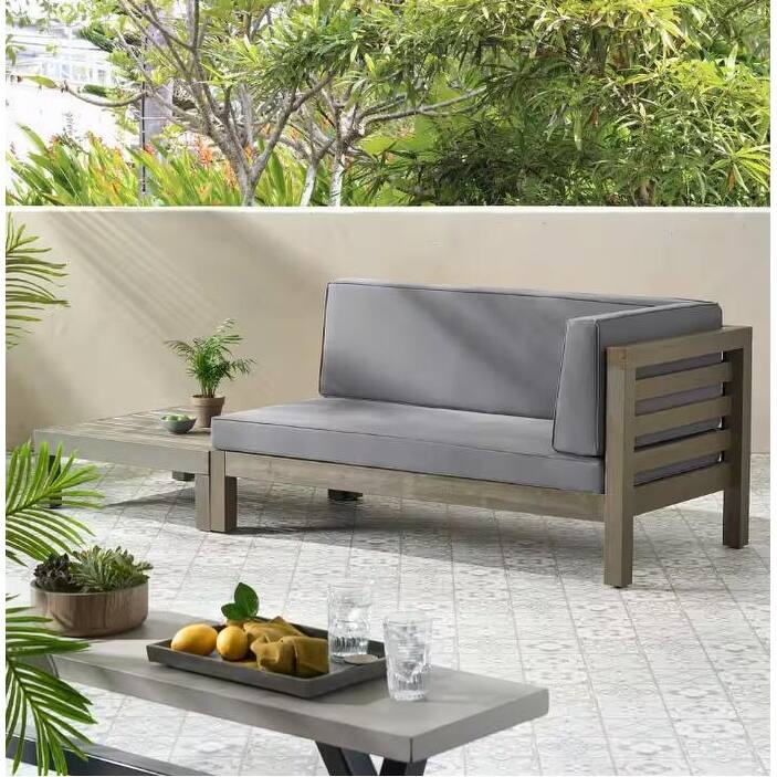 Roomfitters Right Corner Bench with Coffee Table, Outdoor Wooden Patio Sofa with Cushions for Garden or Porch - Dark Grey