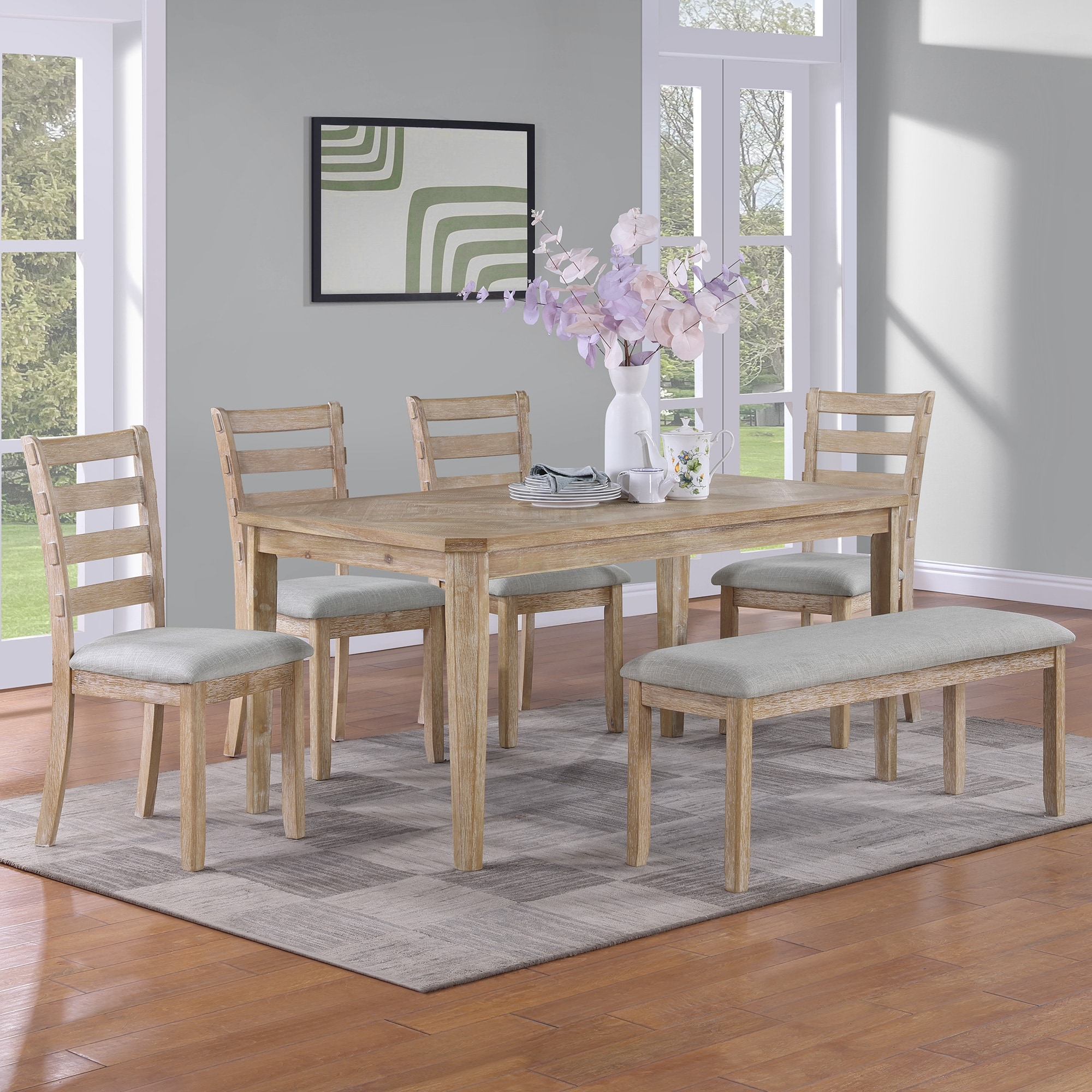 Minimalist 6-Piece Oak 60" Length Dining Set(1 Dining Table+4 Upholstered Chairs+1 Bench)