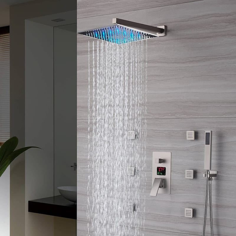 brushed nickel wall mounted 12 inch 3 LED lights rain head 3 way digital display anti scald shower system - 7'6" x 10'9"