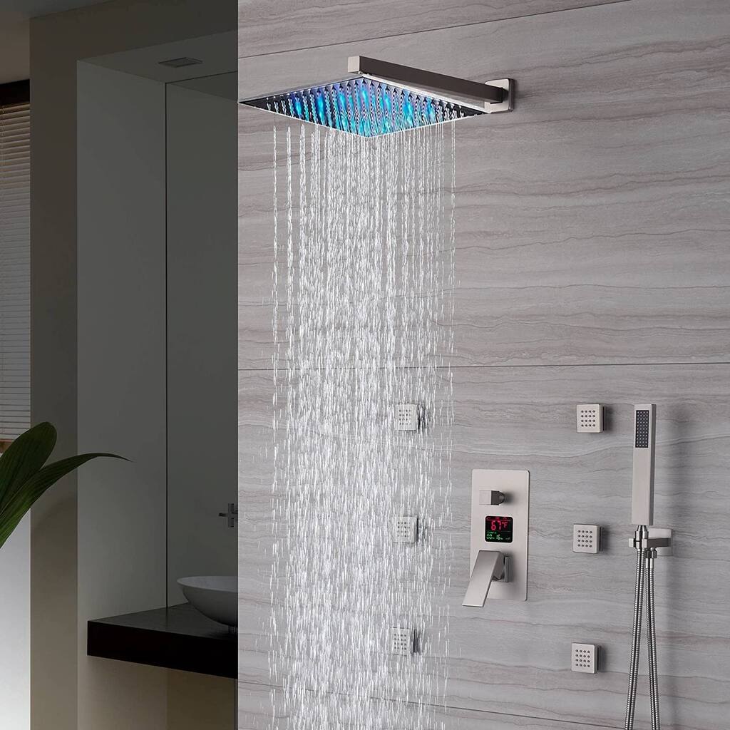 brushed nickel wall mounted 12 inch 3 LED lights rain head 3 way digital display anti scald shower system - 7'6" x 10'9"