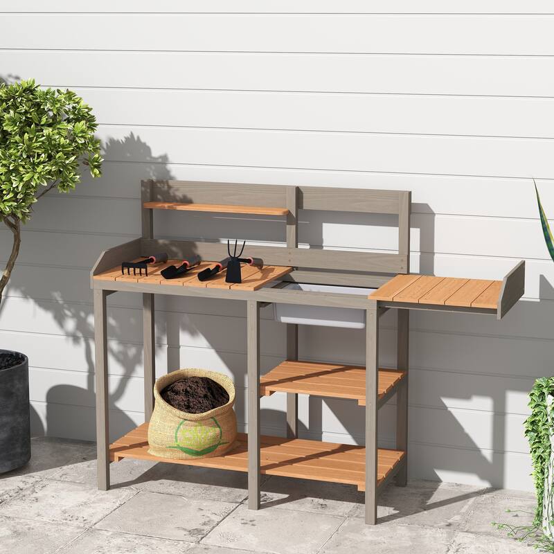Small Potting Table with Open Storage Shelves Outdoor Potting Bench with Side Hooks Garden Wooden Workbench