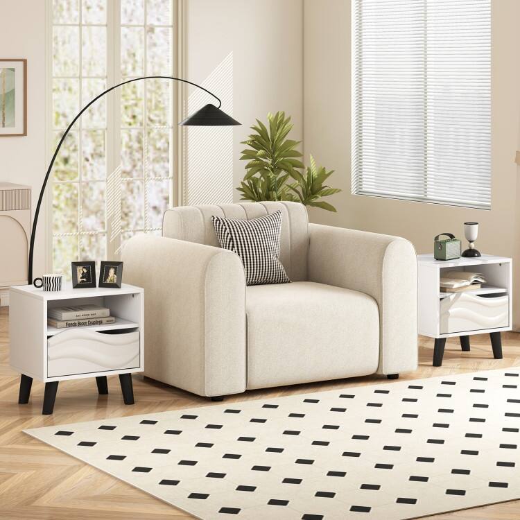White and Black Nightstand with 3D Wavy Drawer Open Shelf and Tapered Feet
