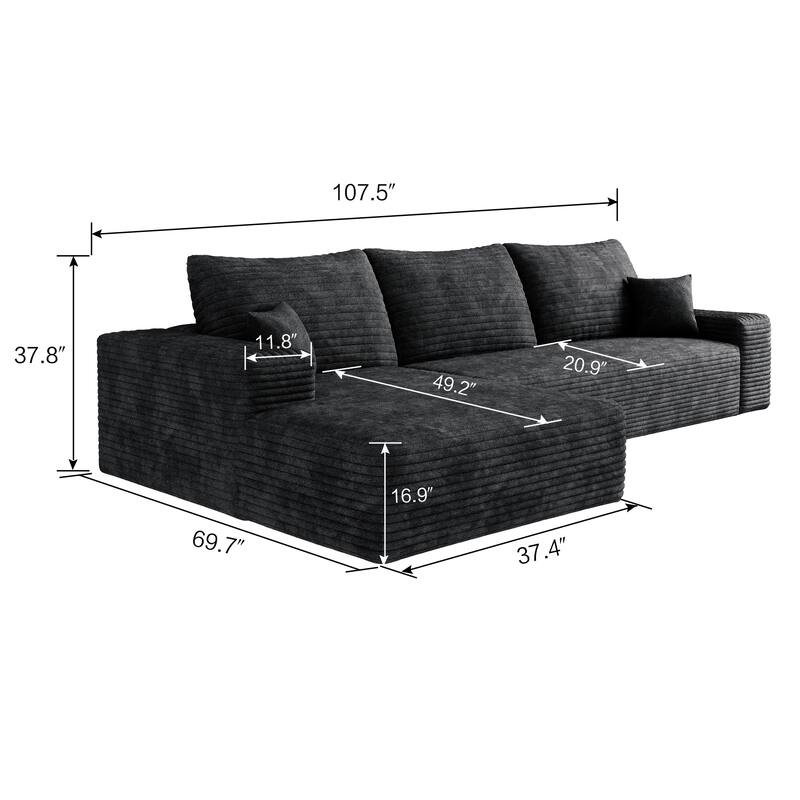 Cloud Sectional Couch with L-Shaped Chaise, Modular 3 Seat Corner Sectional Sofa, Corduroy Upholstered Sleeper Sofa
