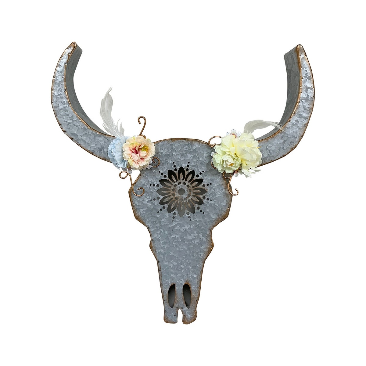 Galvanized Metal Floral Bull Head or Skull Wall Sculpture