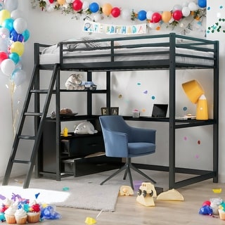 Modern Twin Size Loft Bed With Desk and Shelves,Two Built-in Drawers for Bedroom