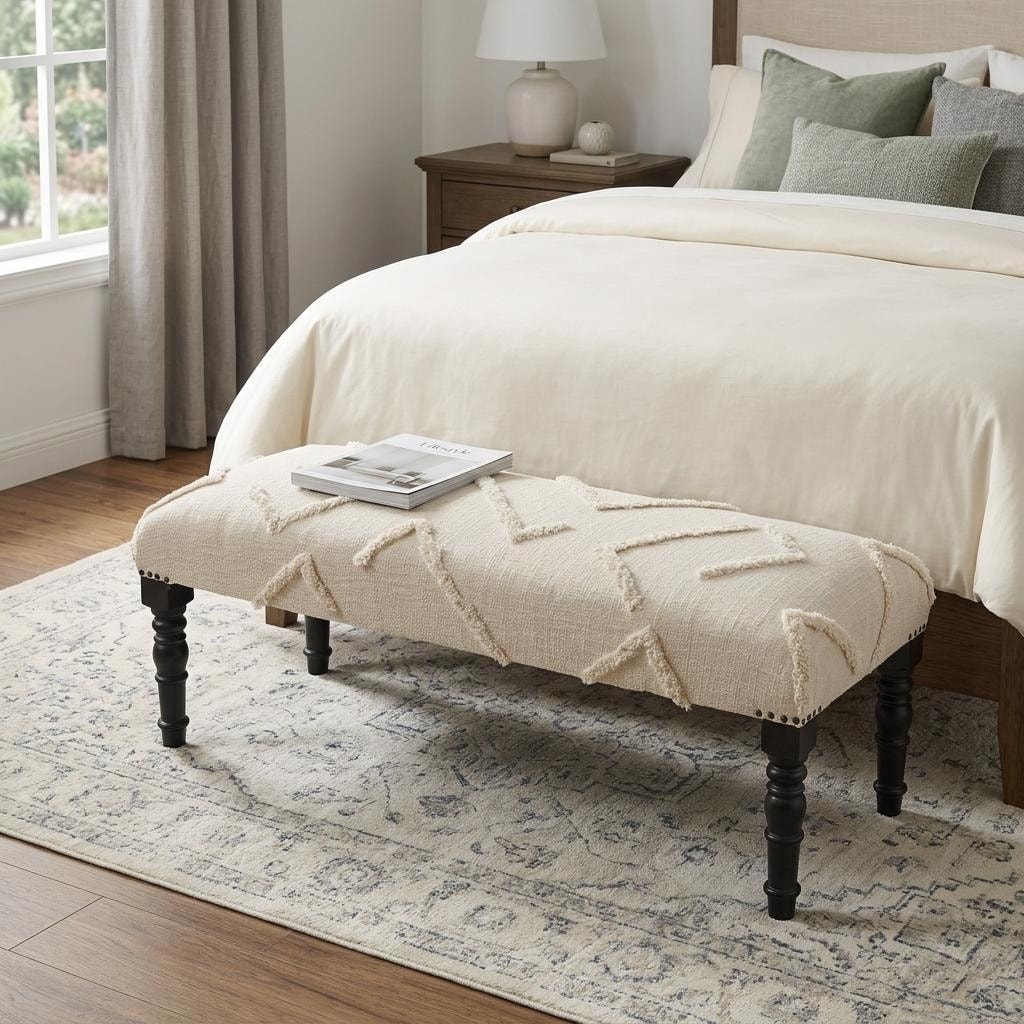 HomeRoots 47" Cream and Black Cotton Upholstered Geometric Bench - 47.00 in. x 18.00 in. x 16.00 in.