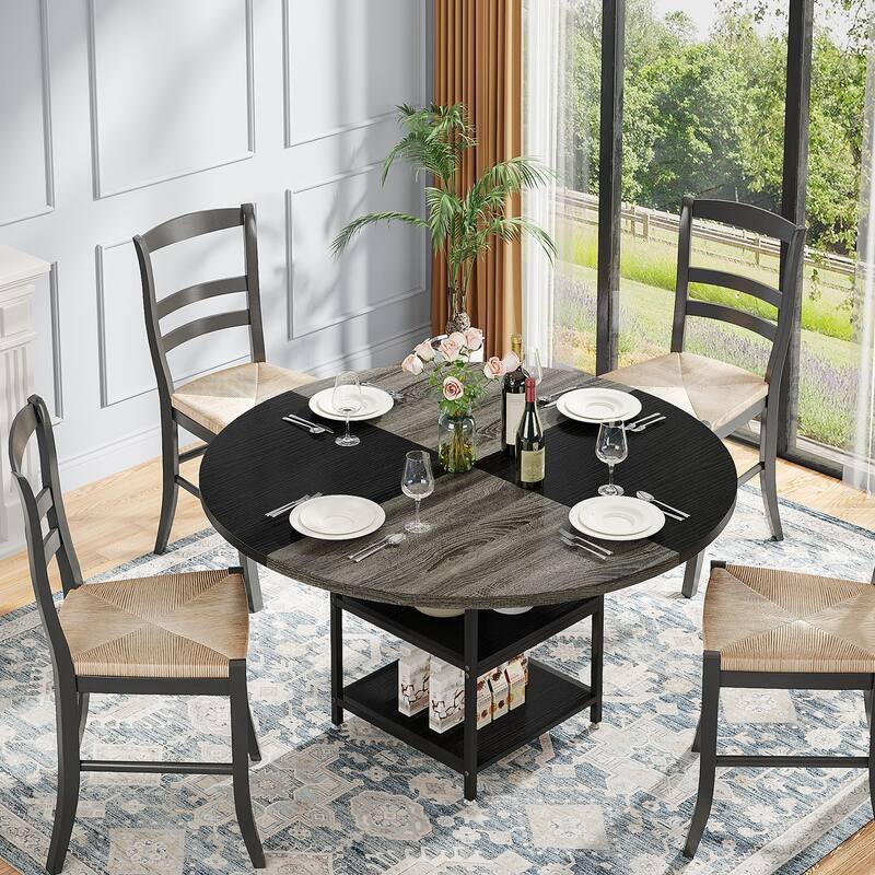 Dining Table with Storage Shelves for 4 People, Rustic Color Contrast Kitchen Table