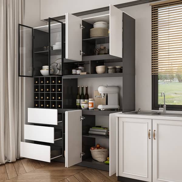 Bar Cabinet Glass Door Kitchen Hutch Cabinet Wine Glass Rack Light
