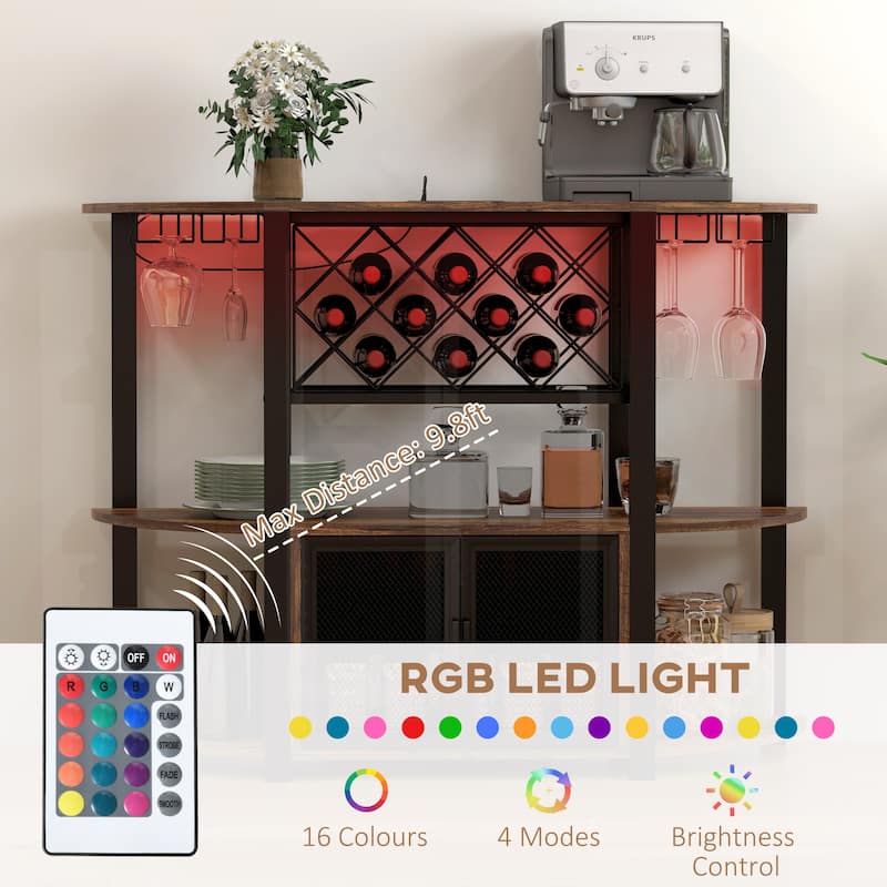 Liquor Cabinet Bar Stand with 10-Bottle Wine Rack, Glass Holders, Wine Bar Cabinet with Charging Station and LED Lights