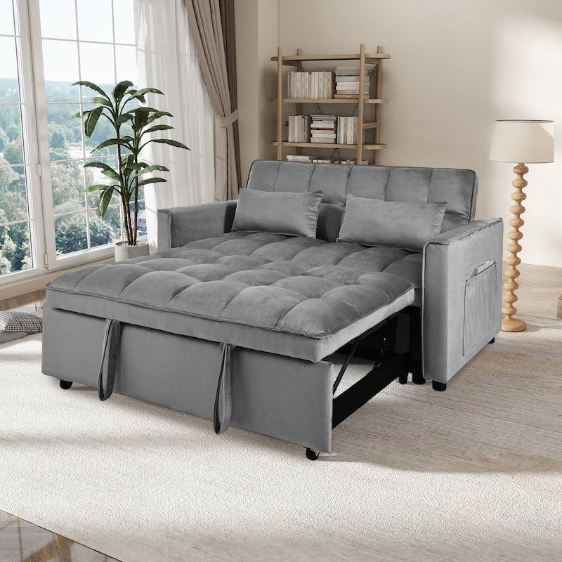 3-in-1 Convertible Loveseat 47.24 in. Velvet Pull-Out Twin Size Sofa Bed with Pocket & Throw Pillow -  Dark Gray 