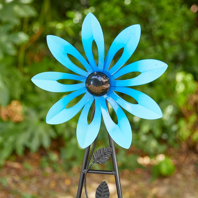 Glitzhome 44"H Glossy Painted Metal Yellow//Blue/Orange/Red Flower Wind Spinner Yard Stake