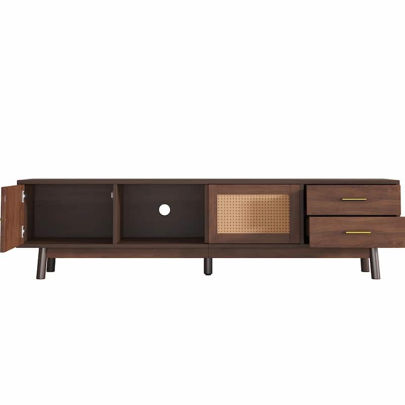 80" Mid Century TV Stand - Rattan Doors, Storage Drawers, Waterproof