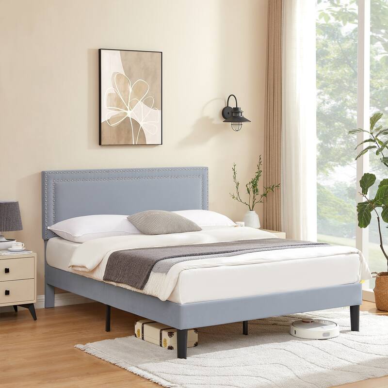 VECELO Upholstered Bed Frames with Height Adjustable Headboard