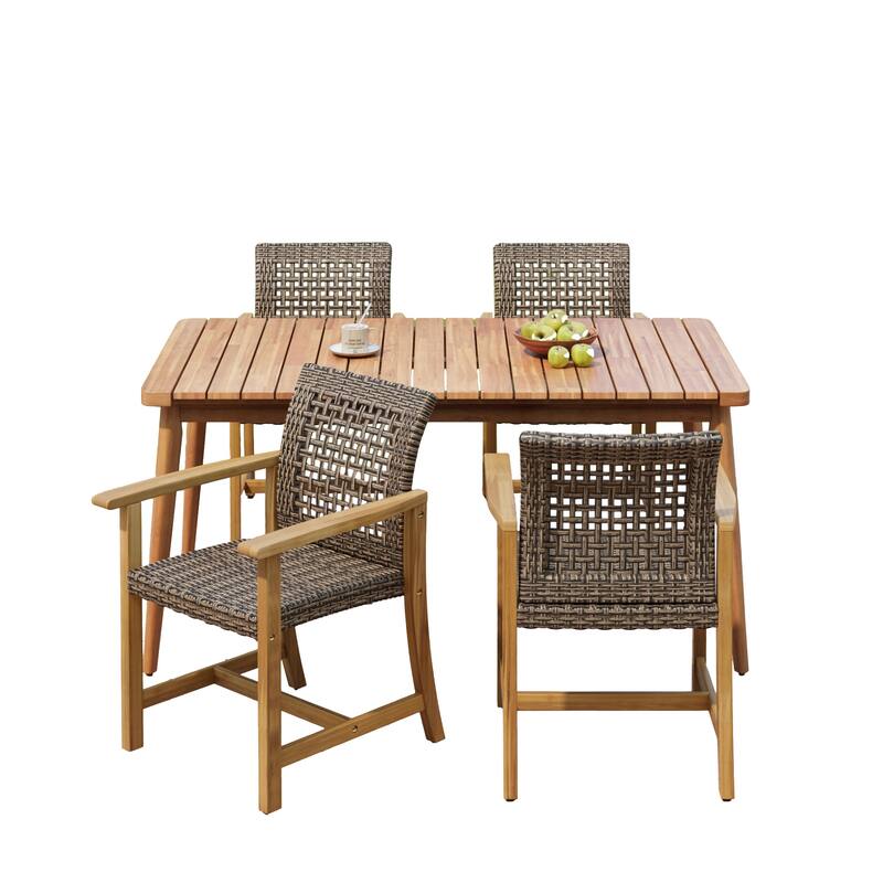 Roomfitters 5-Piece Outdoor Dining Set, Acacia Wood Patio Table and 4 Wicker Armchairs for Garden Deck Poolside, Brown