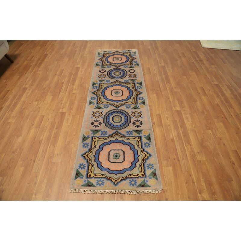 Hand Knotted Oriental 100% Wool Carpet Traditional Geometric Beige & Ivories Kazak Runner Rug - 8' 0'' X 2' 5''