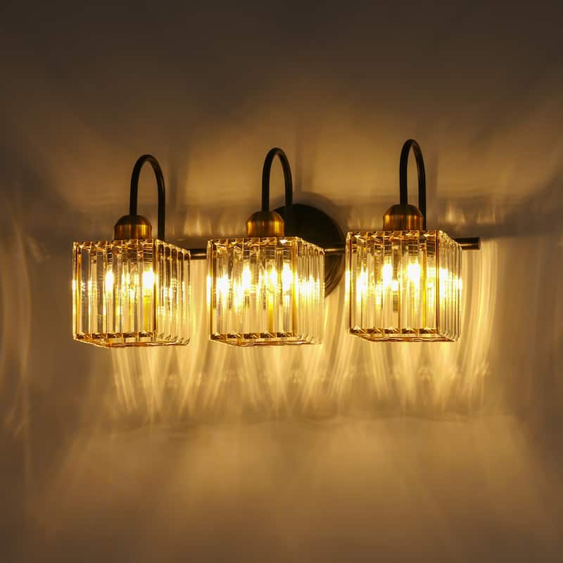 3/4-Light Mid-Century Modern Black and Gold Bathroom Vanity Light Cylinder Crystal Wall Sconces Lighting