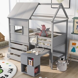 Gray Twin Size Solid Wood House Loft Bed with Pullable Storage Desk and 3-Drawer Chest