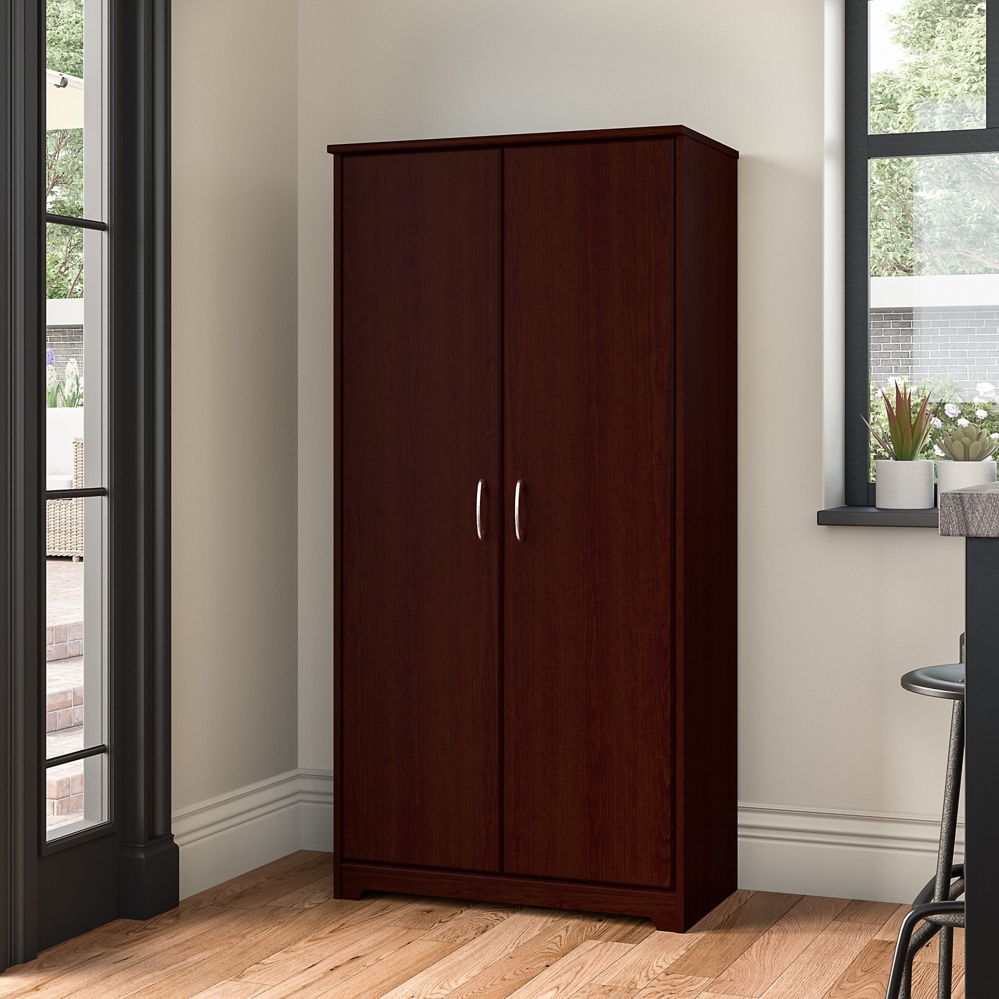 Dark brown two-door wardrobe with silver handles