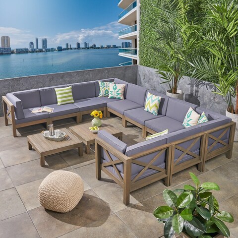Brava Outdoor 12-Piece Acacia Wood Sectional Sofa Set with Coffee Tables by Christopher Knight Home