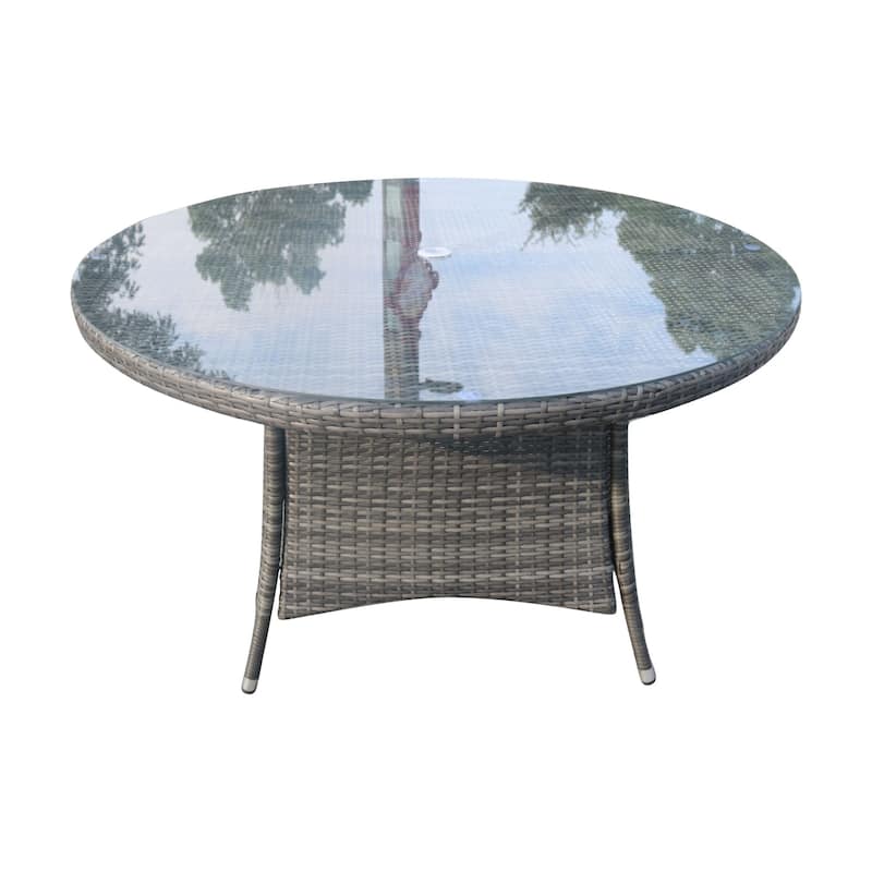 All-Weather Aluminum Woven Rattan Round Dining Table with Umbrella Hole and Tempered Glass Top