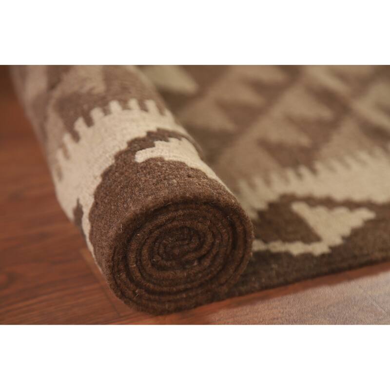 Hand Woven Oriental 100% Wool Carpet Southwestern Geometric Brown Kilim Area Rug - 9' 8'' X 6' 7''