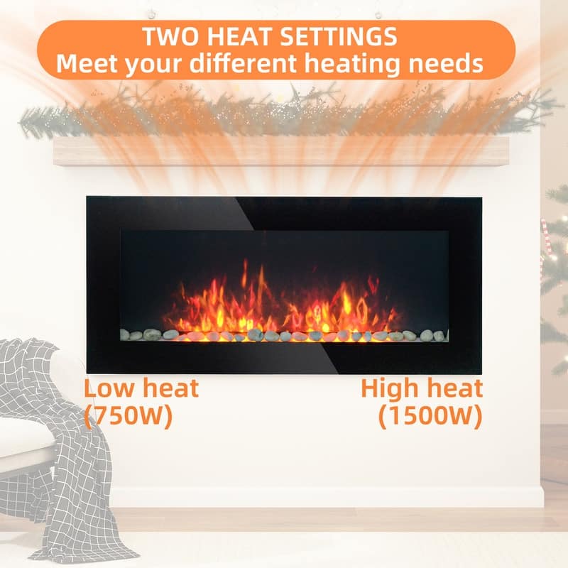 41.3/50/60 in. Wall Mount Recessed Electric Fireplaces in Black, Tempered Glass, Flame Effect, Multi-Color, Remote,1400-1500W