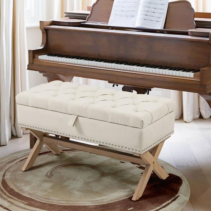 Light Beige Linen Rectangle Button-Tufted Ottoman