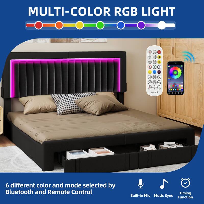 Moasis Velvet Upholstered Platform Bed, Bed Frame with Adjustable Headboard and 4 Storage Drawers