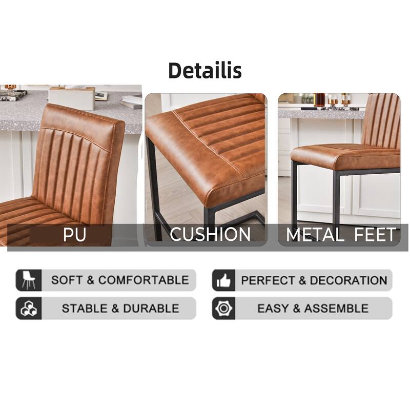 Set of 2 Bar Stool - 26-Inch Counter Height, Vertical Tufted Backrest, Sturdy Black Metal Frame with Footrest