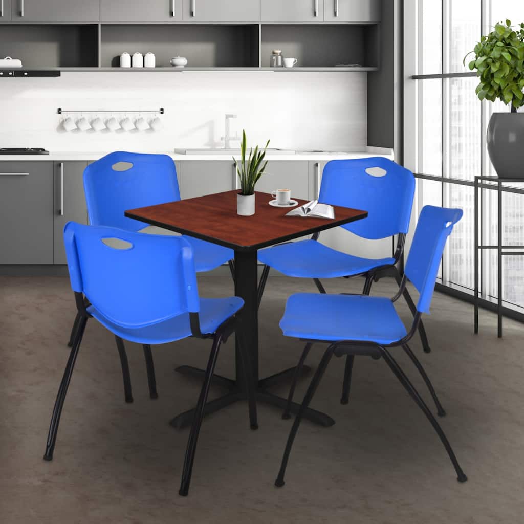 30 in. Square Breakroom Table- Cherry & 4 'M' Stack Chairs- Blue