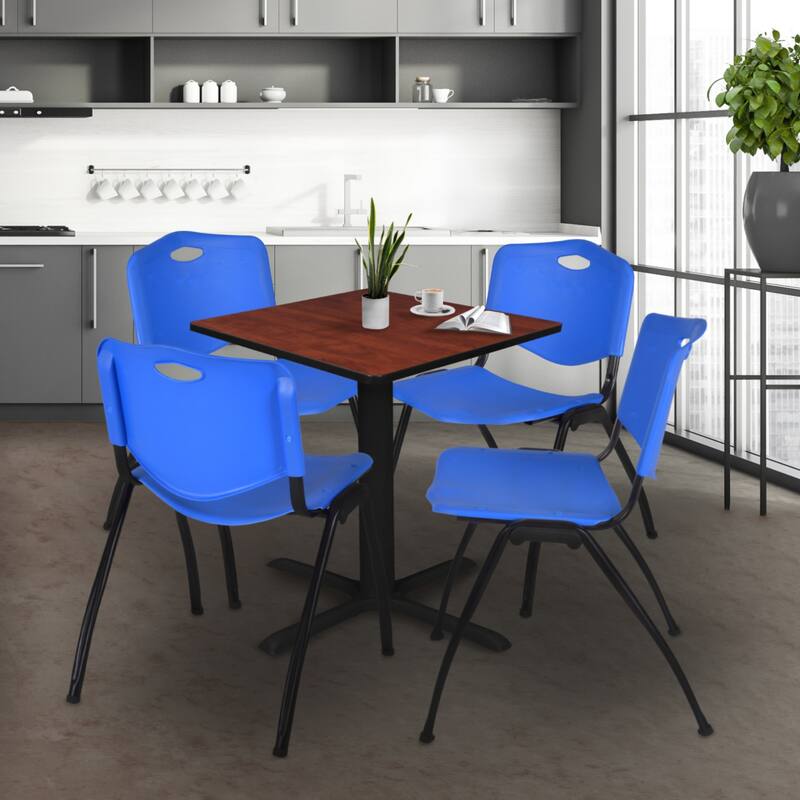 30 in. Square Breakroom Table- Cherry & 4 'M' Stack Chairs- Blue
