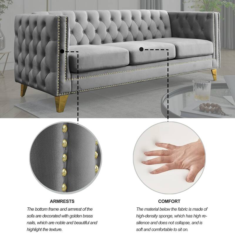 80.5-Inch Velvet 3-Person Sofa with Button Tufting and Nailhead Trim, Upholstered Chesterfield Couch for Living Room
