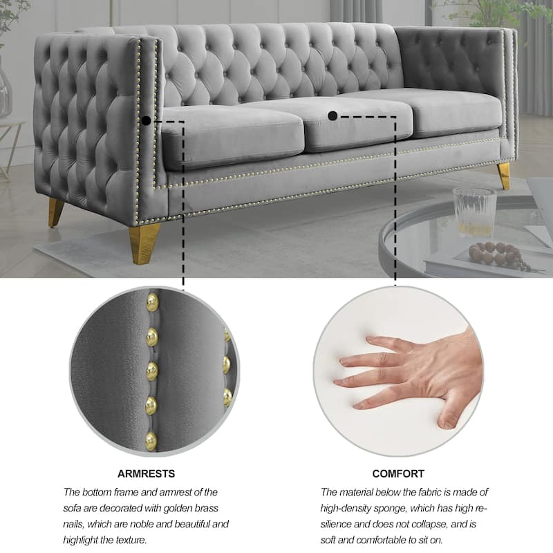 Roomfitters 80.5" Chesterfield Sofa, 3-Seater Velvet Tufted Couch with Square Arms, Nailhead Trim and Gold Metal Legs