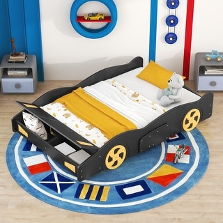 Playful Design Race Car-Shaped Full Size Platform Bed with Wheels,Sturdy Wood Construction and Storage Space