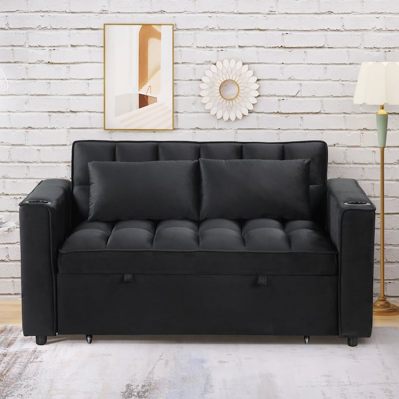 58" Velvet Sofa Bed with Built-In Cup Holder and USB Port, Great for Apartments or Guest Rooms