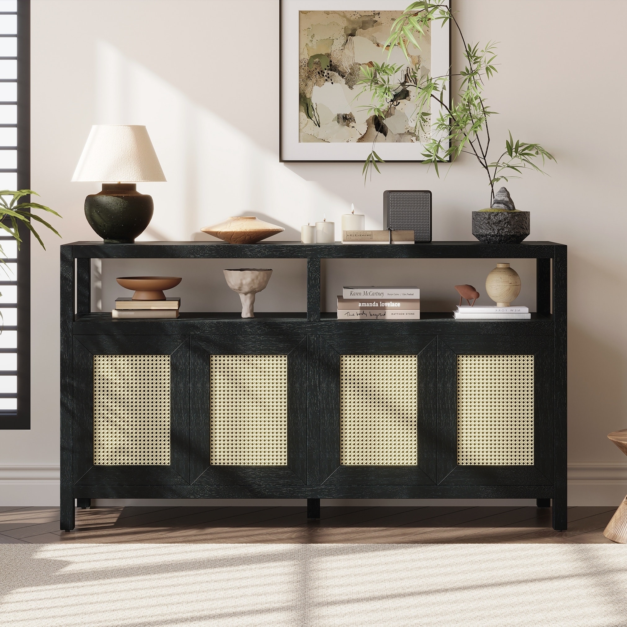 Rattan Buffet Storage Cabinet with Solid Wood Frame, Sideboard with 3-position Adjustable Shelves for Living & Dining Rooms