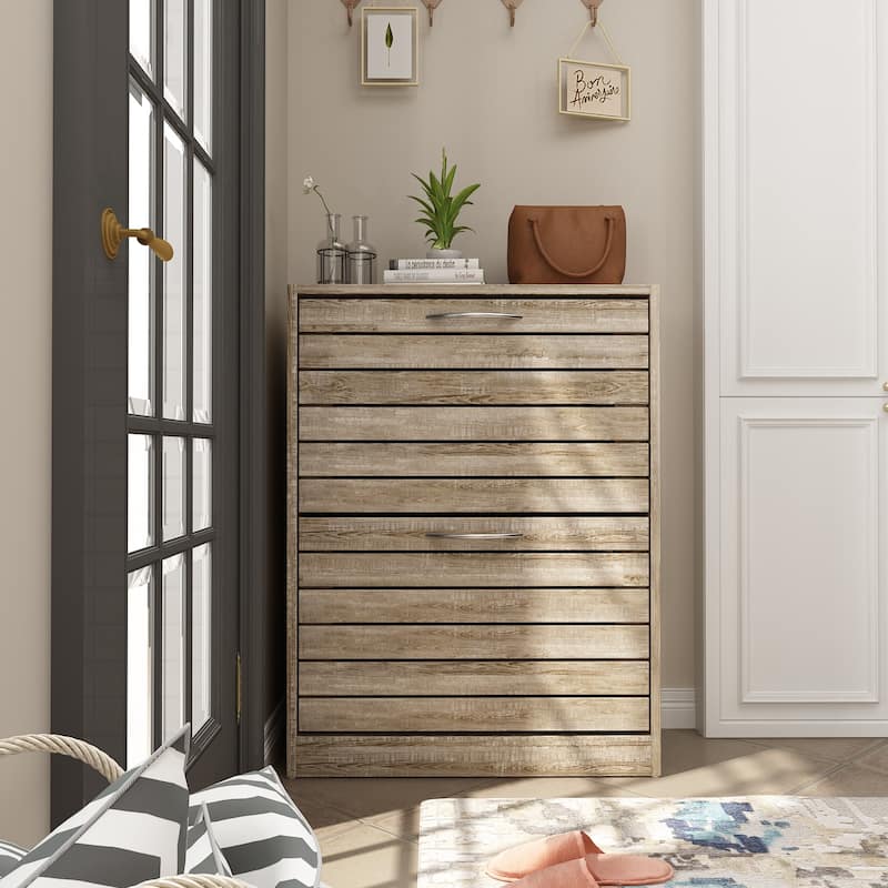 Timechee 8 Pair Shoe Storage Cabinet with 2 Drawers, Wood Louver Door - Wood Color - 2-drawer
