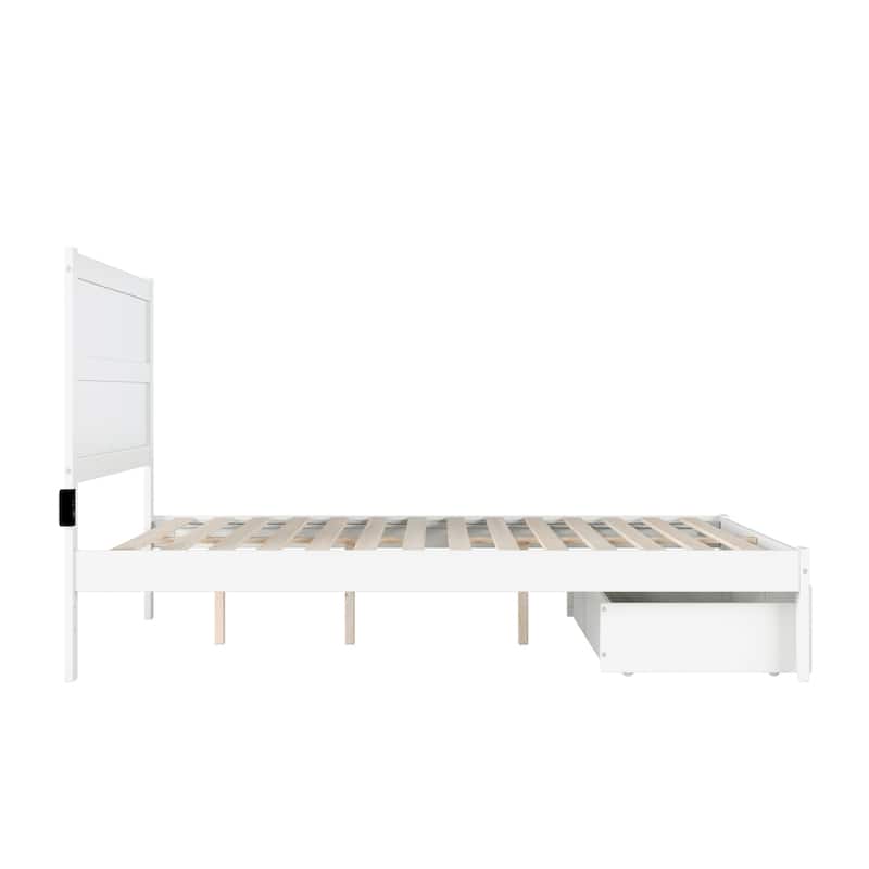 Rustic Bed with Storage Drawer - Modern Platform Bed Frame - White Finish - Home Bedroom Furniture