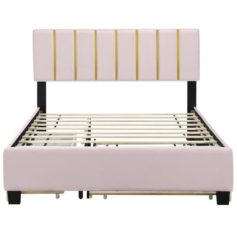 HomeRoots Pink Tufted Velvet Upholstered Queen Bed Frame With Trundle And Drawers