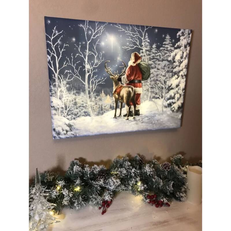 18" x 24" White Red Starry Night Santa Christmas Back-lit Wall Art