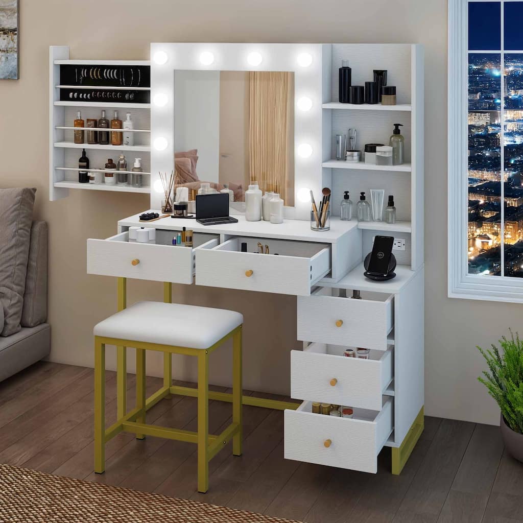 Moasis 5 Drawer Makeup Vanity Table Set with Mirror, LED Lights and Power Outlet