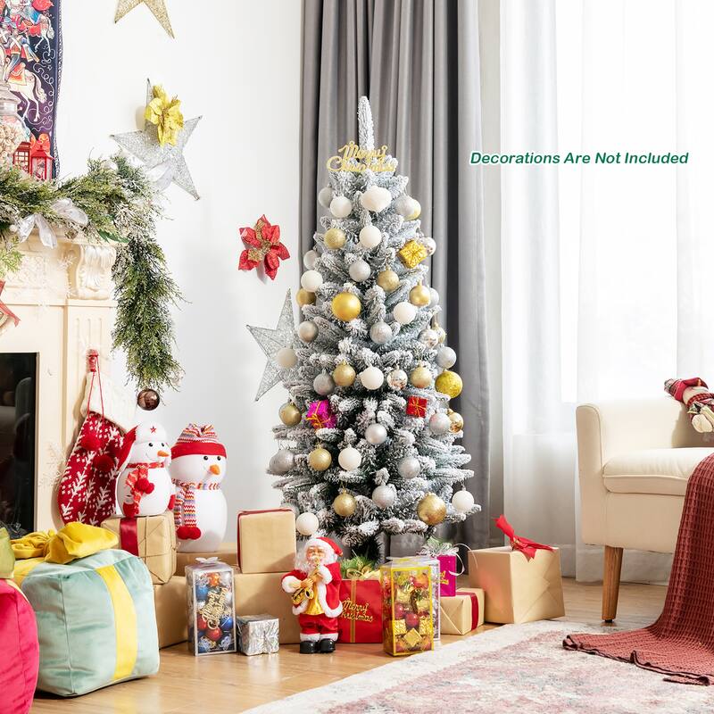 4.5ft Snow-Flocked Hinged Artificial Christmas Pencil Tree w/ 373 - See details
