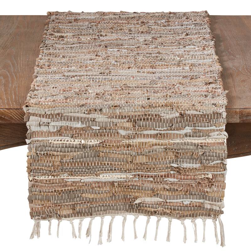 Leather And Cotton Blend Table Runner With Chindi Design - 16"x120"
