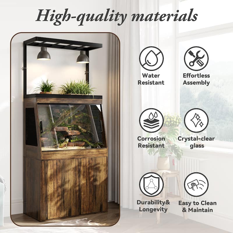 Multi-Functional Reptile Terrarium Cabinet with Sliding Glass Doors, Plant Shelf & Storage Base Vivarium Stand with Lighting Bar