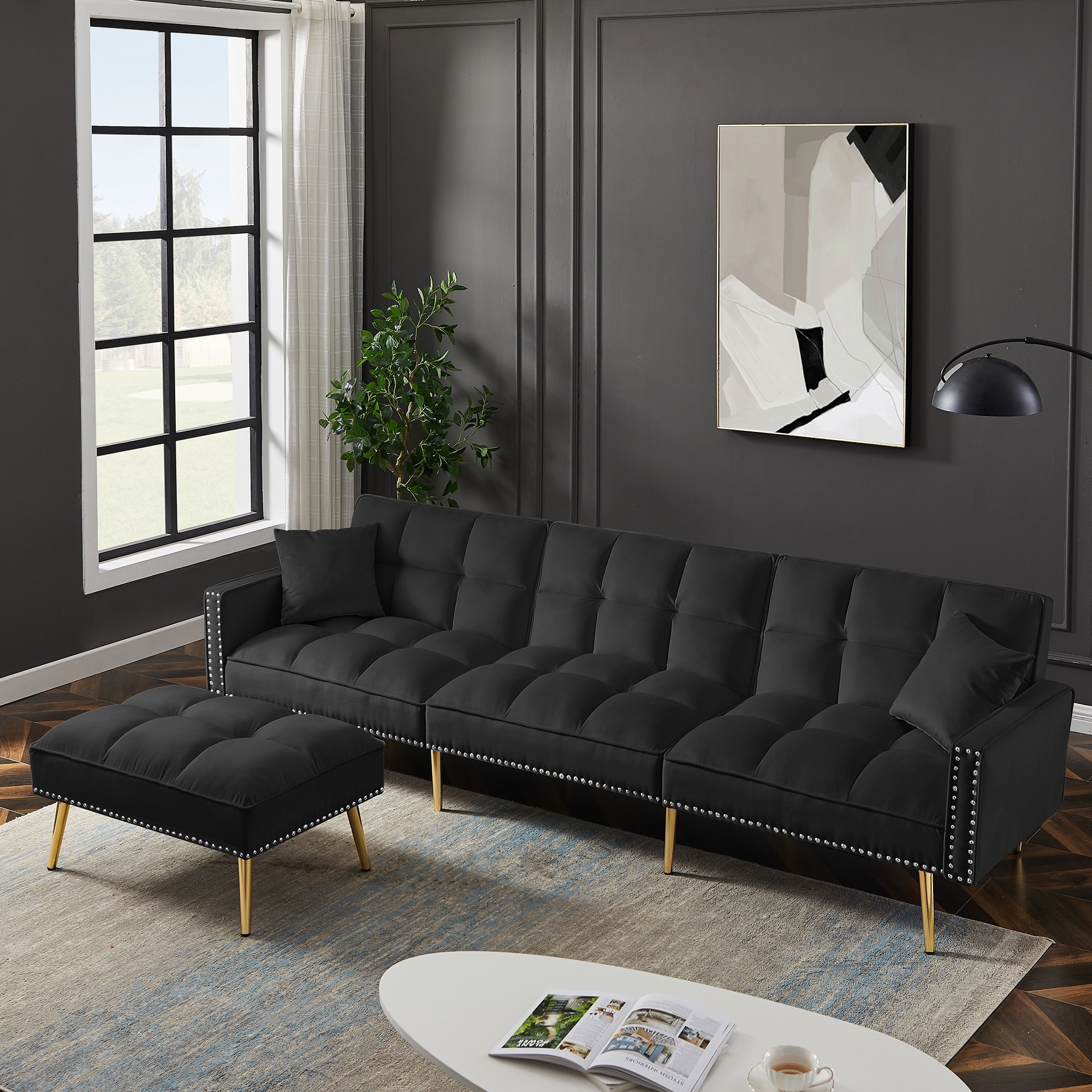Tufted grey reversible sectional with nailhead trim sale