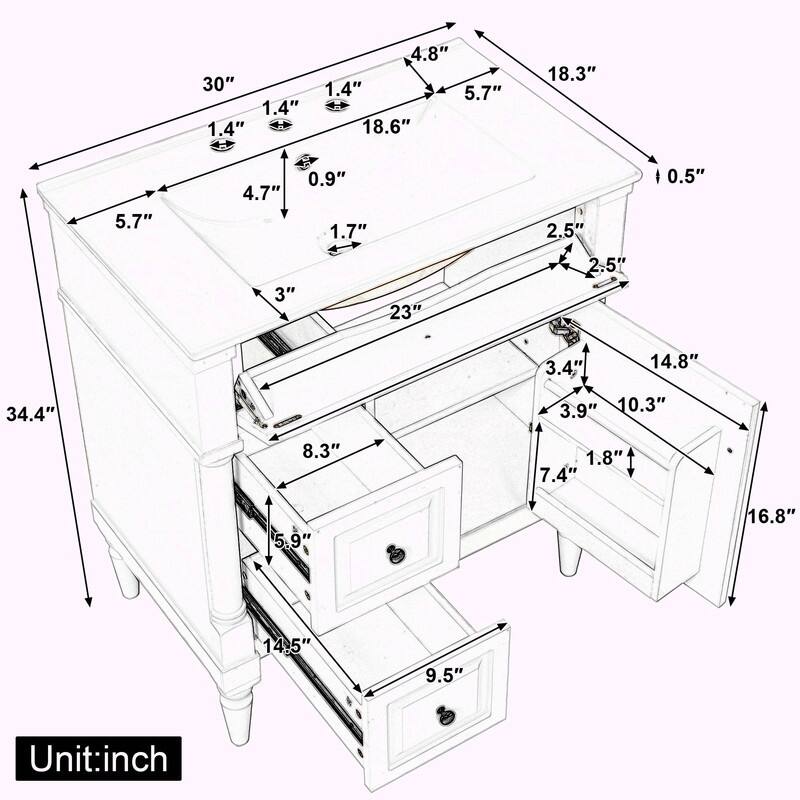 36" Bathroom Vanity with Sink, Freestanding Bathroom Cabinet with Ceramic Basin, Flip Drawer