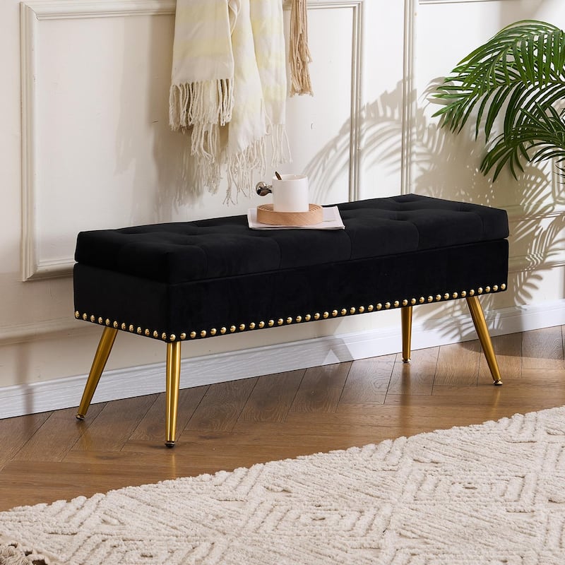 Velvet Storage Ottoman Bench with gold legs and Nailhead Trim for Bedroom/End of Bed/Entryway/Window