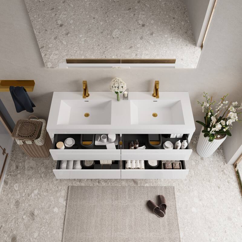 Wall-Mounted Bathroom Vanity with White Stone Resin Top