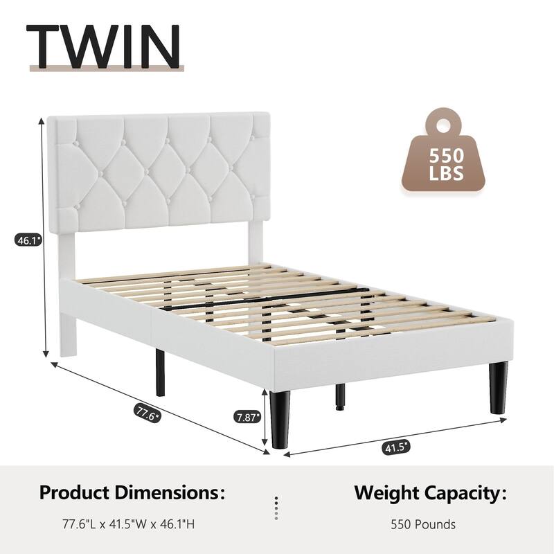 Beige Diamond Button Tufted Upholstered Bed with Linen Headboard No Box Spring Needed 7.87" Underbed Storage Center Support Leg